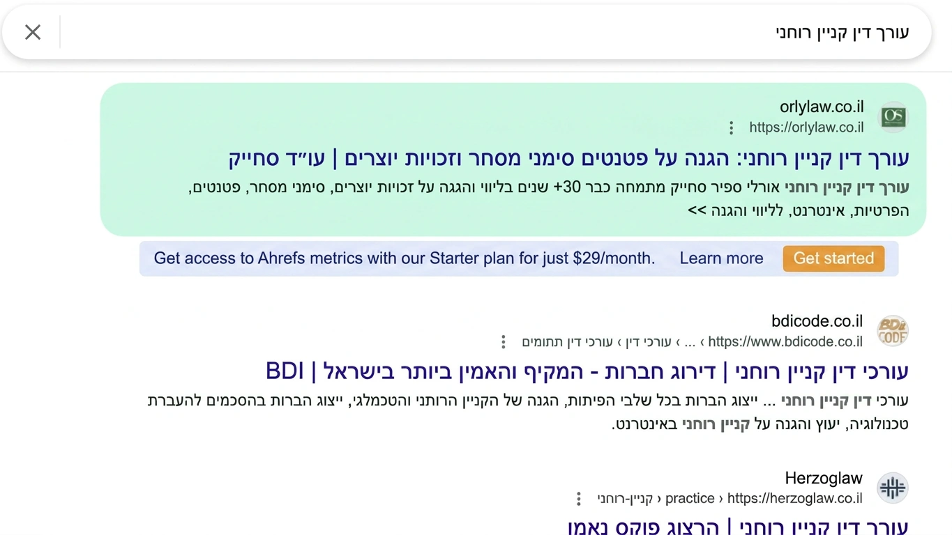 תוצאת חיפוש בגוגל עבור: עורך דין קניין רוחני